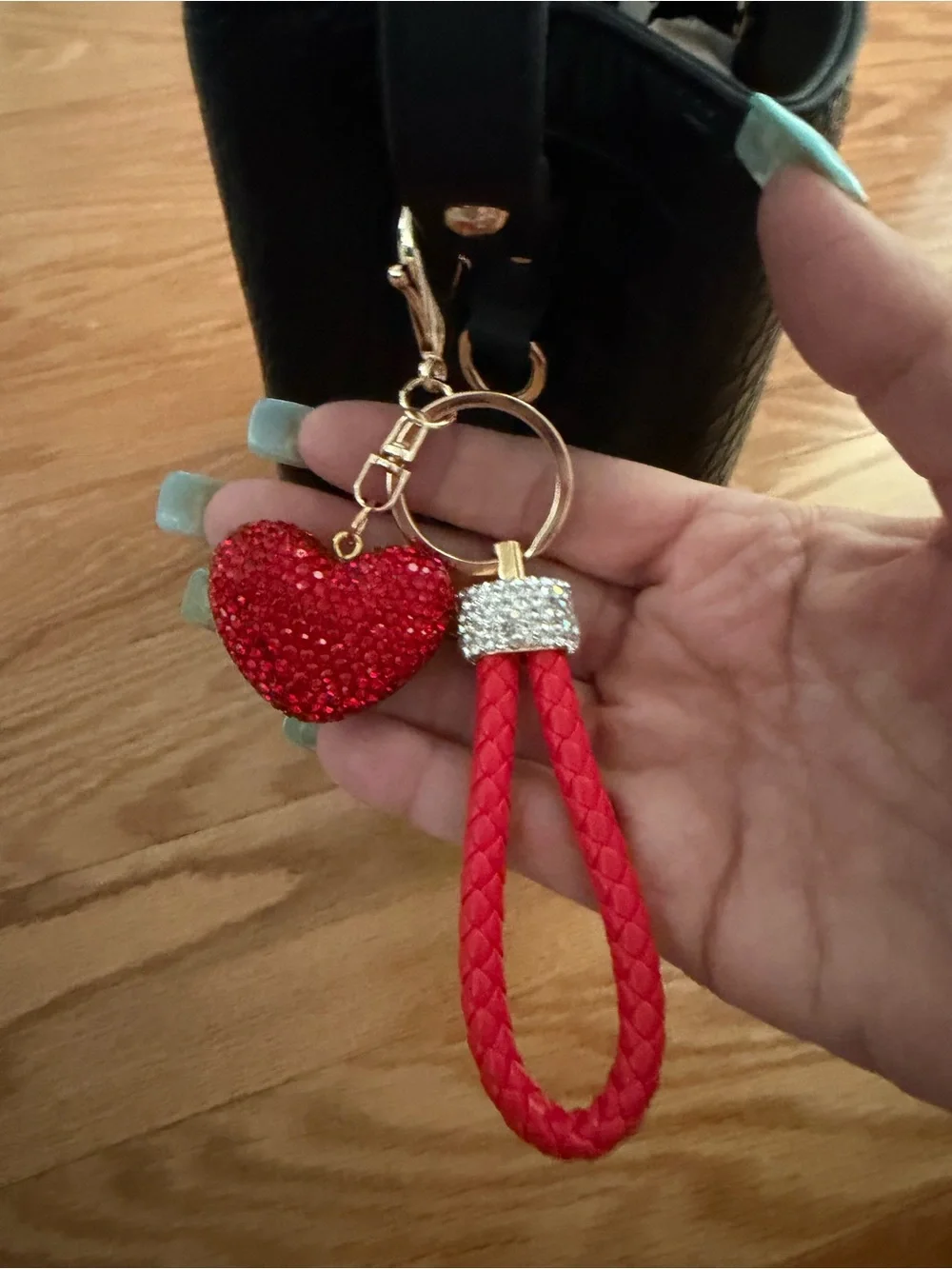 Source Unknown Red Crystal Heart Keychain with Braided Loop and Gold Hardware